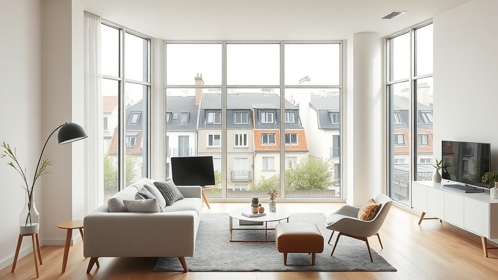 Intérieur lumineux d'un appartement moderne avec vue sur les toits de Nantes